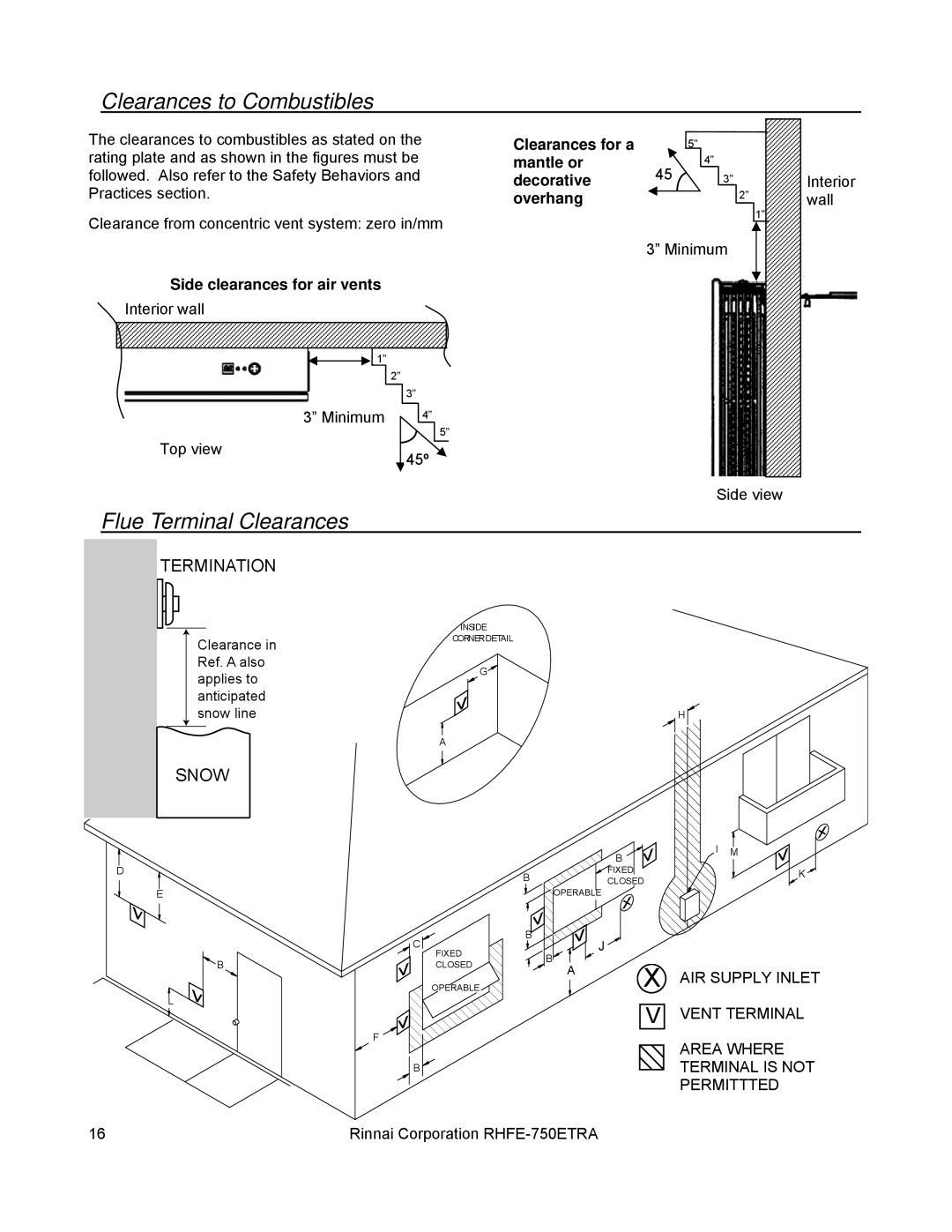 Rinnai RHFE-750ETRA installation manual Clearances to Combustibles, Flue Terminal Clearances, Side clearances for air vents 