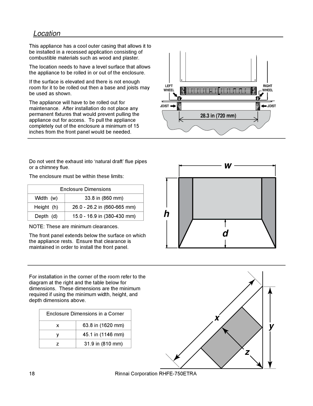 Rinnai RHFE-750ETRA installation manual Location, 28.3 in 720 mm 