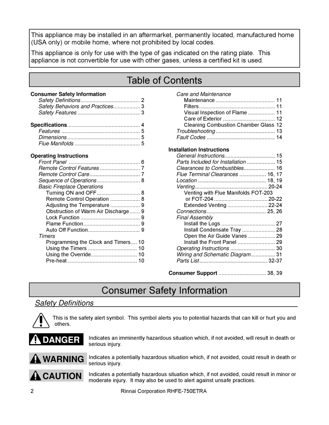 Rinnai RHFE-750ETRA installation manual Table of Contents 