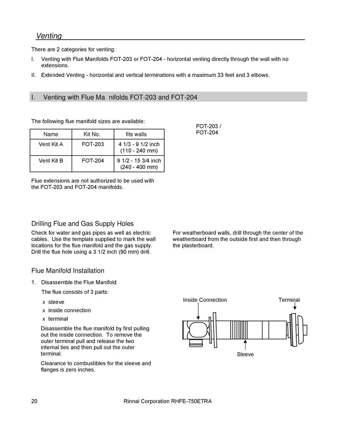 Rinnai RHFE-750ETRA Venting with Flue Manifolds FOT-203 and FOT-204, Drilling Flue and Gas Supply Holes 