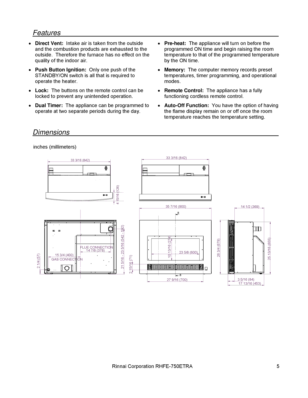 Rinnai RHFE-750ETRA installation manual Features, Dimensions 