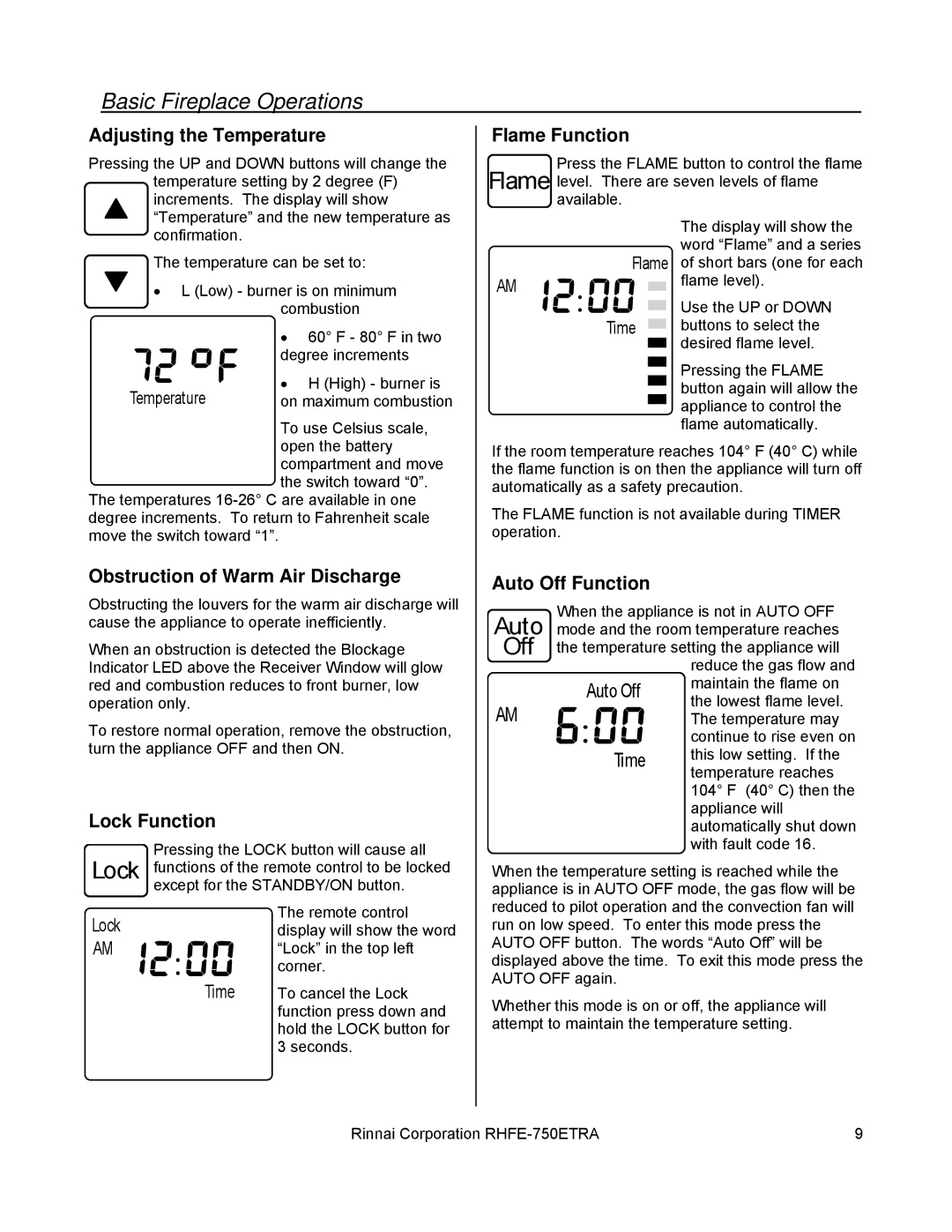 Rinnai RHFE-750ETRA Adjusting the Temperature, Flame Function, Obstruction of Warm Air Discharge, Lock Function 