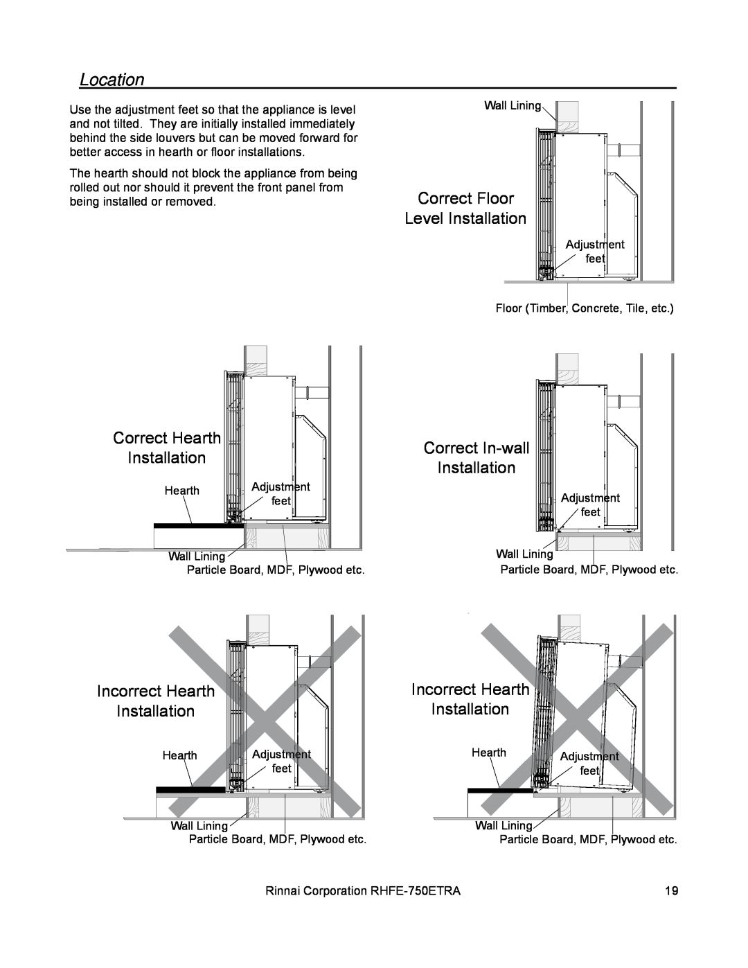 Rinnai RHFE-750ETRA installation manual Location, Correct Floor, Level Installation, Correct Hearth, Correct In-wall 