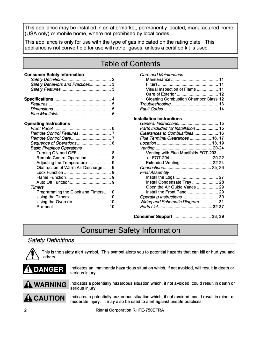 Rinnai RHFE-750ETRA installation manual Table of Contents, Consumer Safety Information, Safety Definitions, Danger 