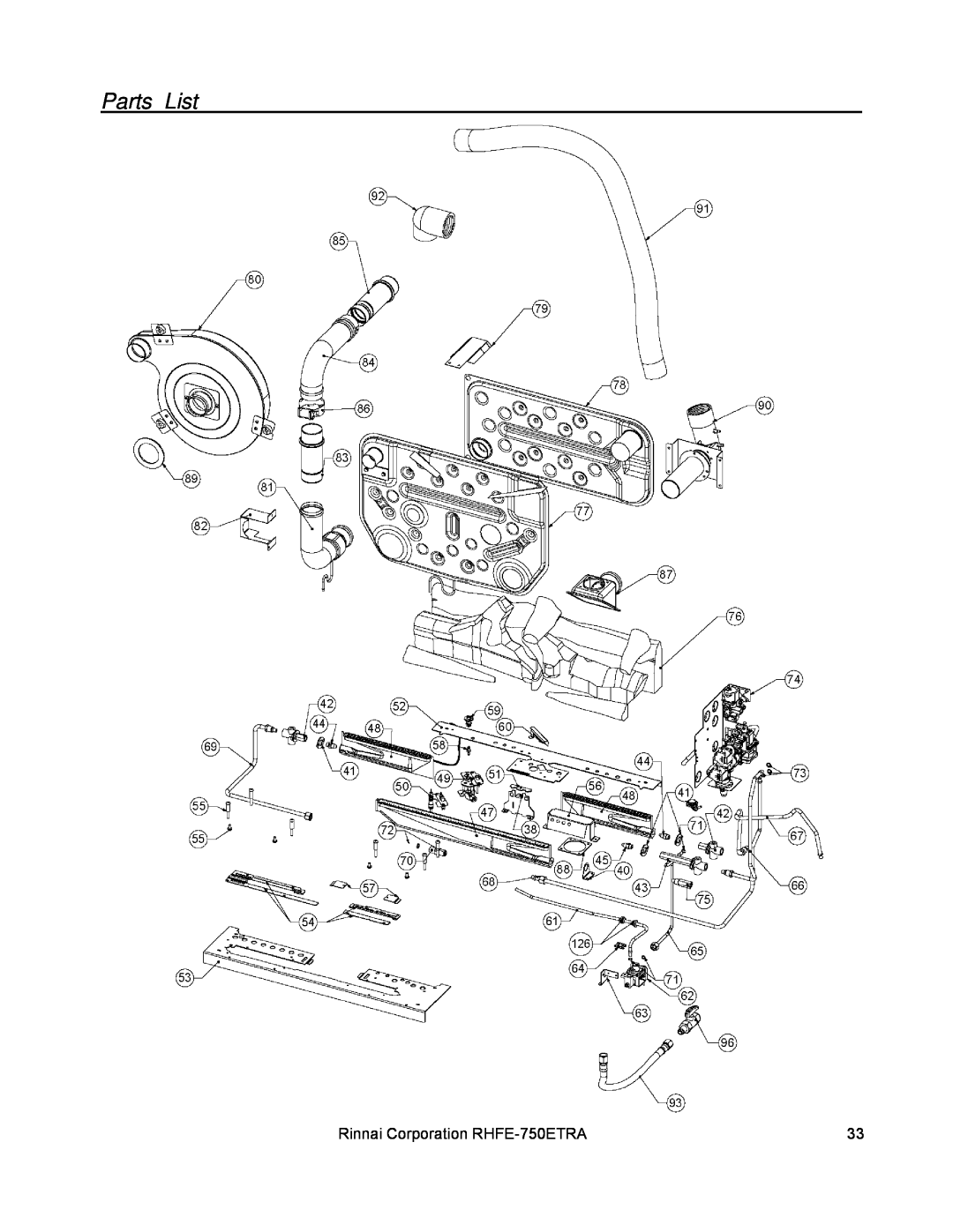 Rinnai installation manual Parts List, Rinnai Corporation RHFE-750ETRA 