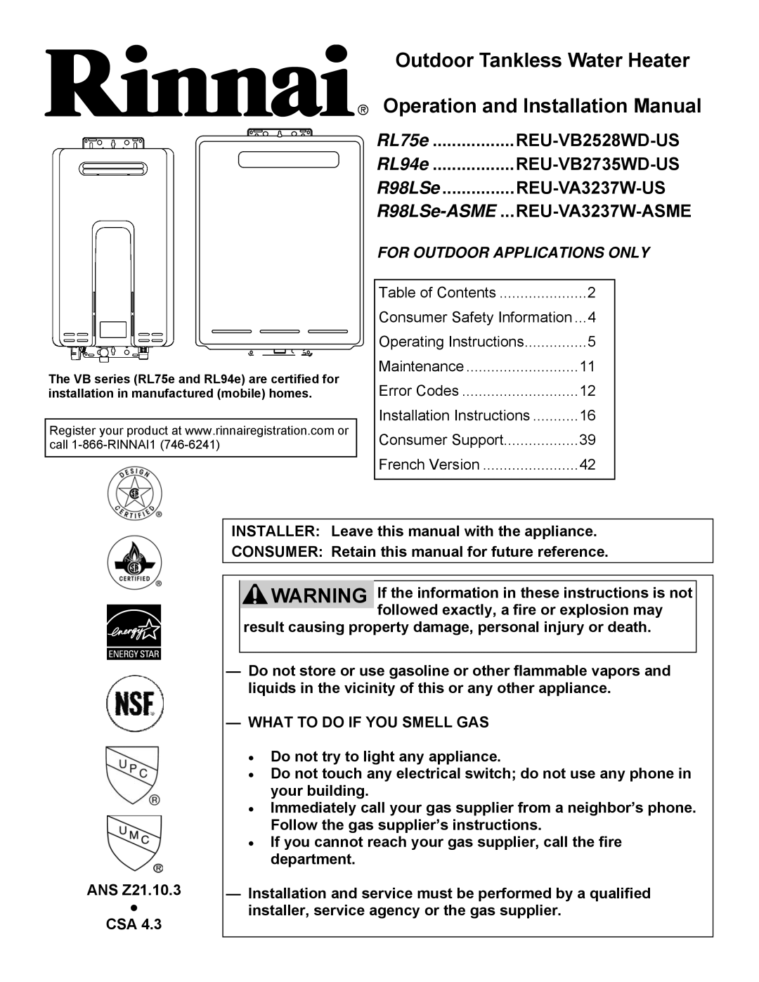 Rinnai RL75E, RL94E installation manual REU-VB2528WD-US 