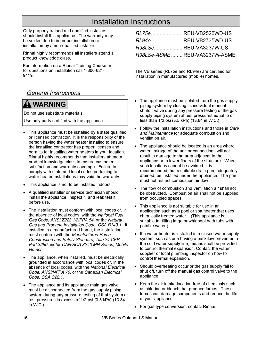 Rinnai RL94E, RL75E installation manual Installation Instructions, General Instructions 