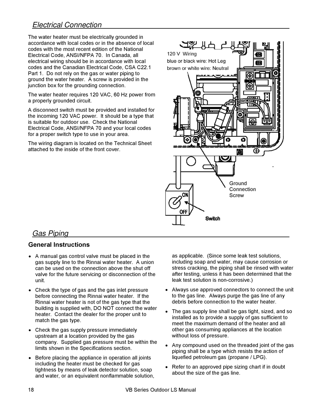 Rinnai RL94E, RL75E installation manual Electrical Connection, Gas Piping, General Instructions 