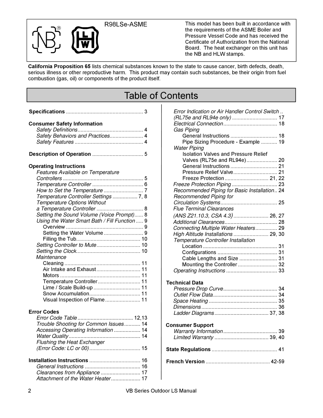 Rinnai RL94E, RL75E installation manual Table of Contents 