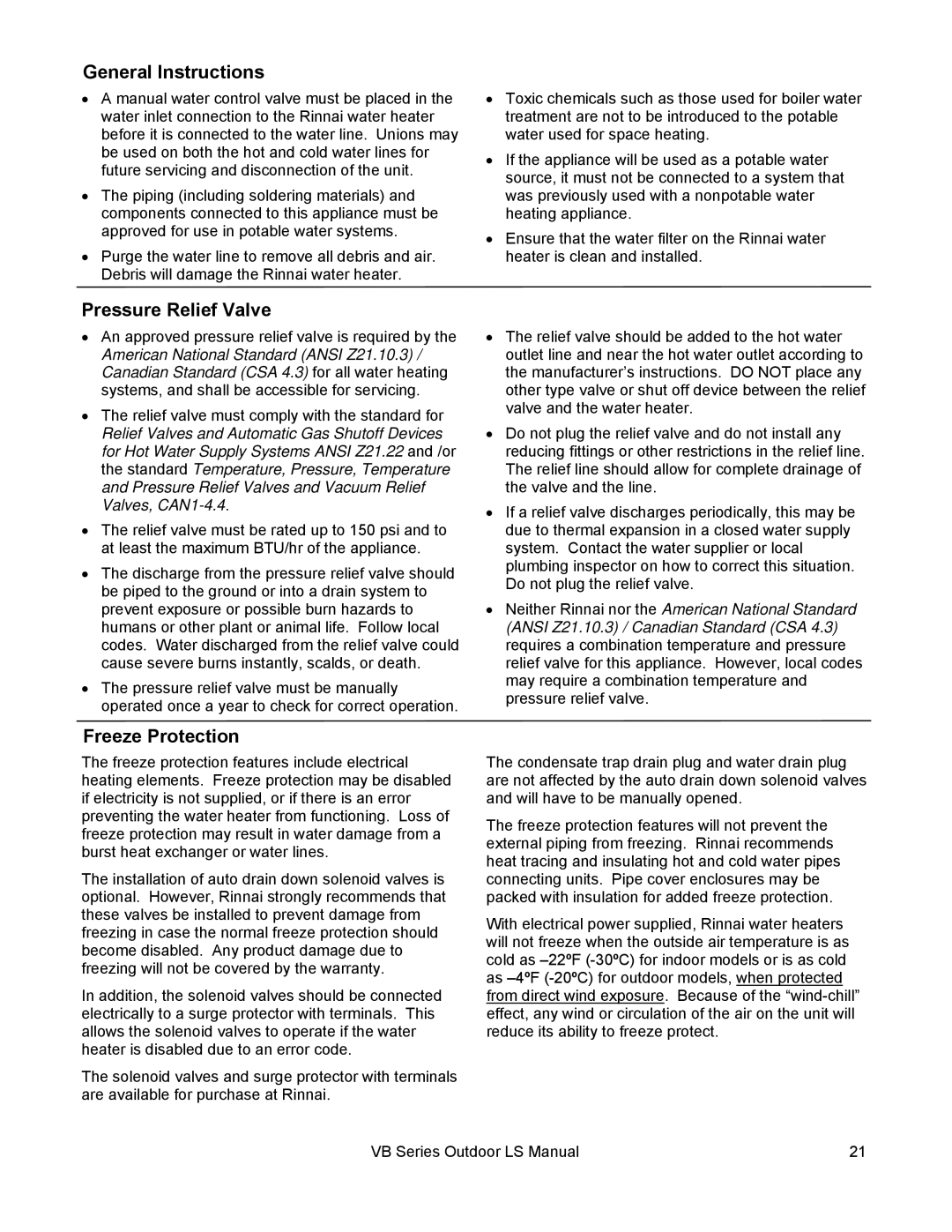 Rinnai RL75E, RL94E installation manual Pressure Relief Valve, Freeze Protection 