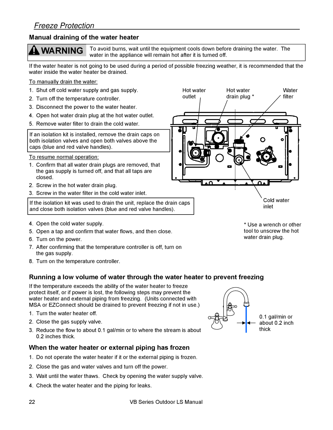 Rinnai RL94E Freeze Protection, Manual draining of the water heater, When the water heater or external piping has frozen 