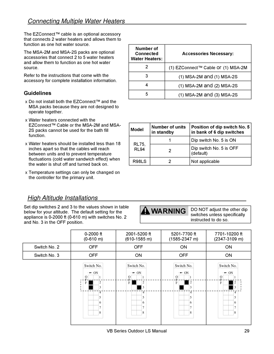 Rinnai RL75E, RL94E installation manual Connecting Multiple Water Heaters, High Altitude Installations, Guidelines 