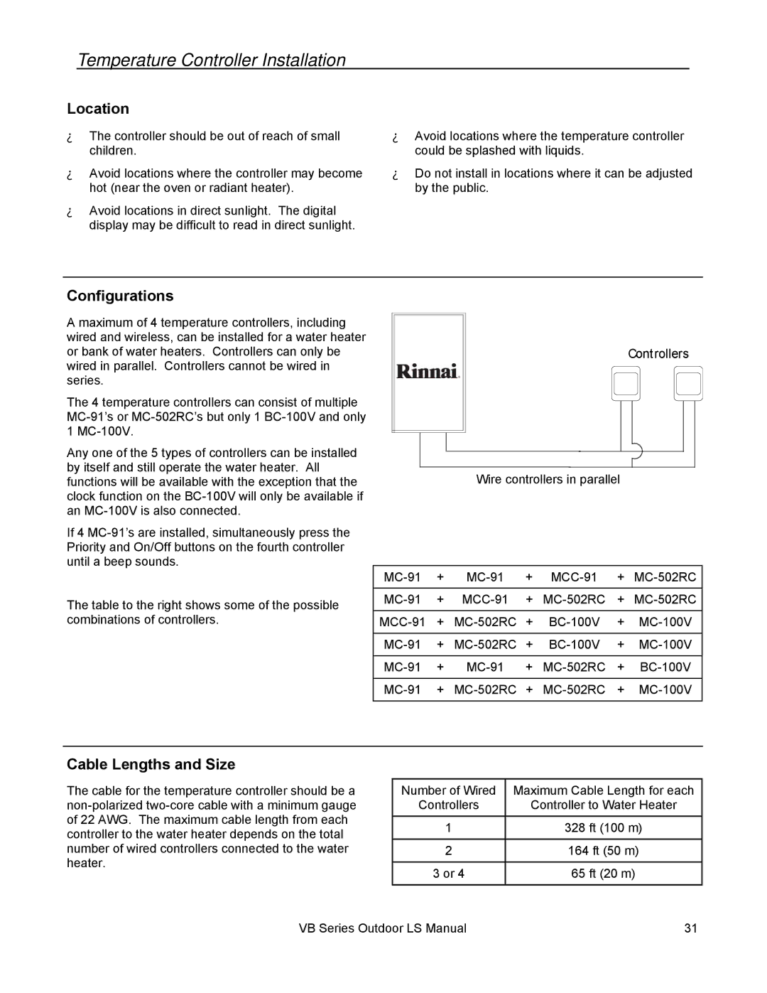 Rinnai RL75E, RL94E Temperature Controller Installation, Location, Configurations, Cable Lengths and Size 