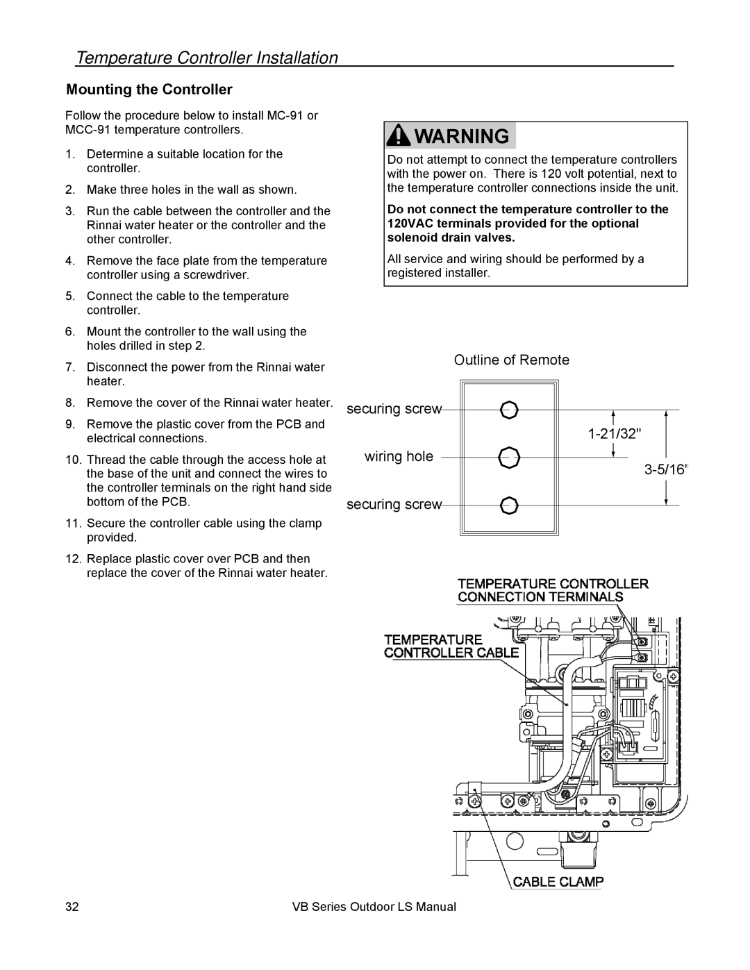 Rinnai RL94E, RL75E installation manual Mounting the Controller, Outline of Remote 