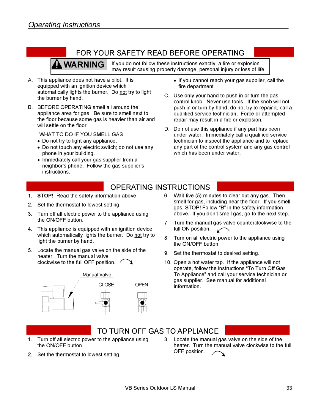 Rinnai RL75E, RL94E installation manual Operating Instructions, For Your Safety Read Before Operating 