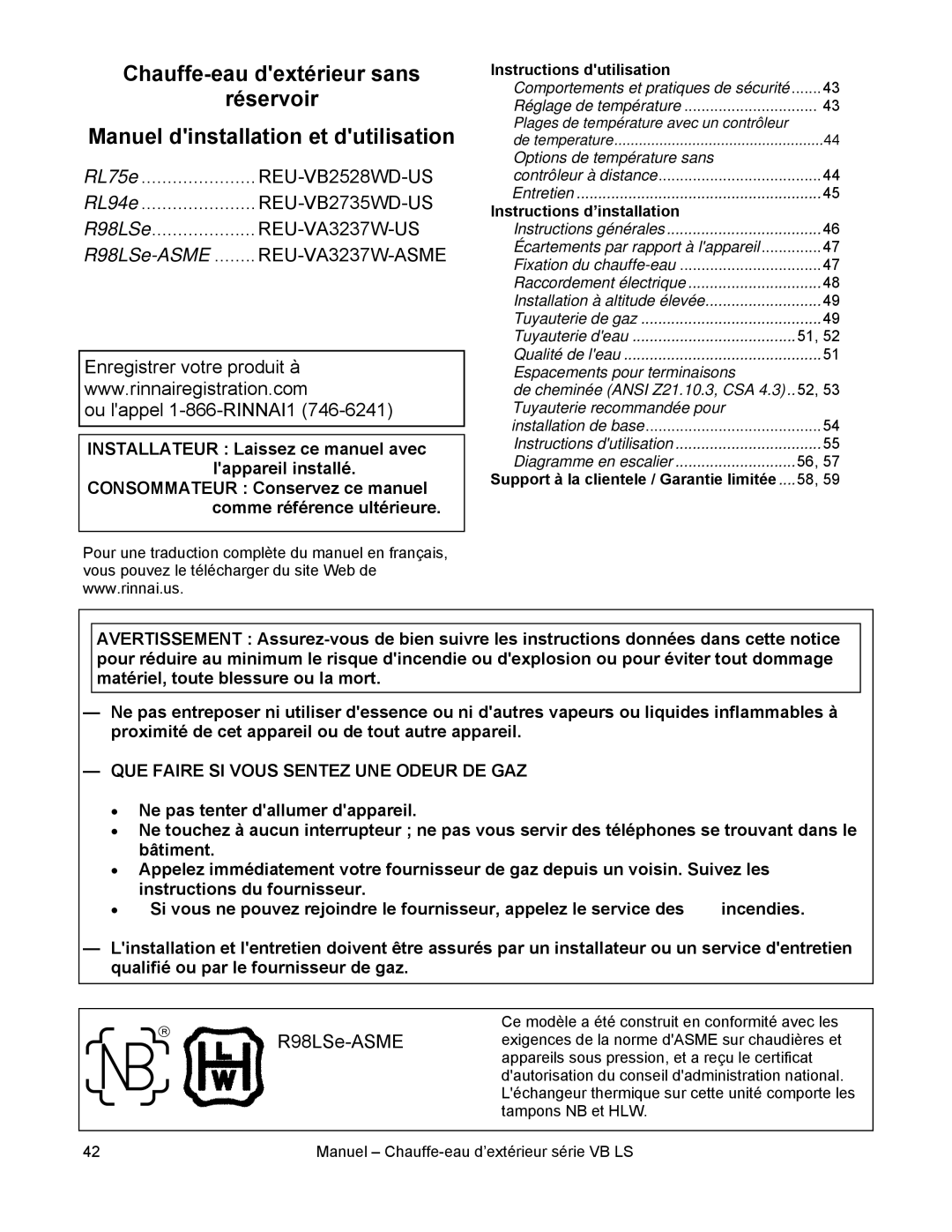 Rinnai RL94E, RL75E installation manual Ou lappel 1-866-RINNAI1 