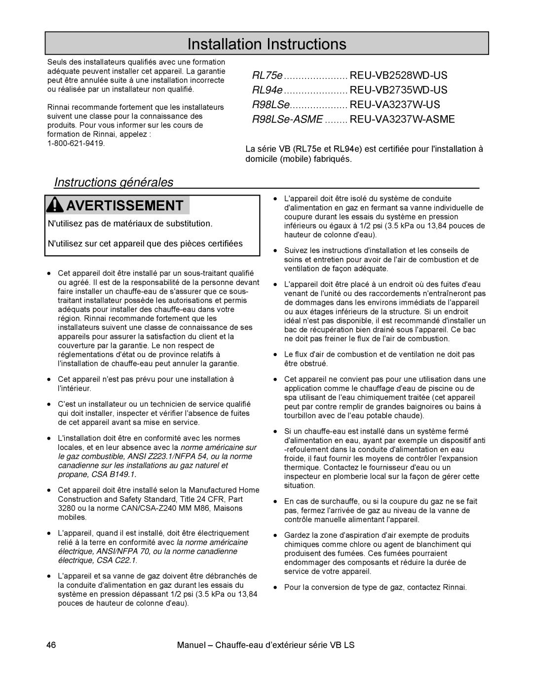 Rinnai RL94E, RL75E installation manual Installation Instructions, Instructions générales 