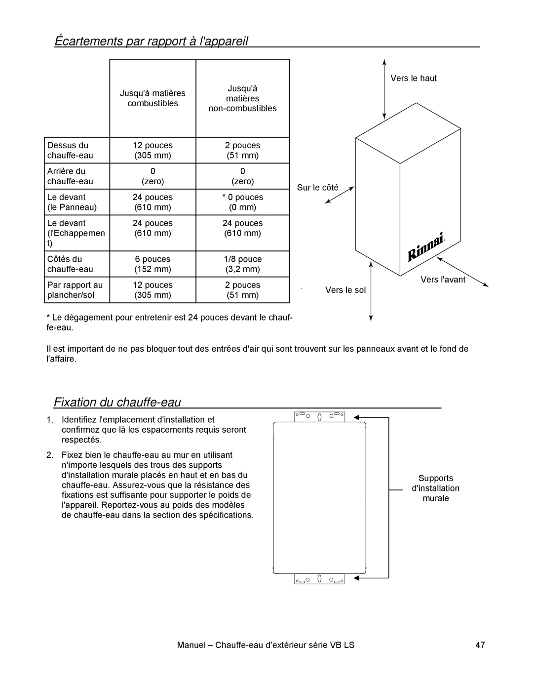 Rinnai RL75E, RL94E installation manual Écartements par rapport à lappareil, Fixation du chauffe-eau 