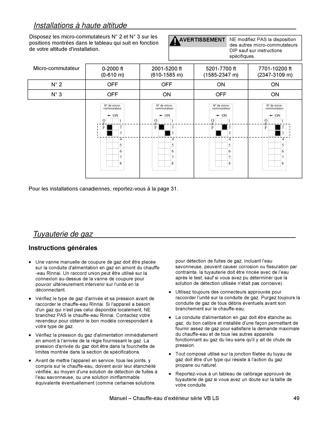 Rinnai RL75E, RL94E installation manual Installations à haute altitude, Tuyauterie de gaz, Instructions générales 