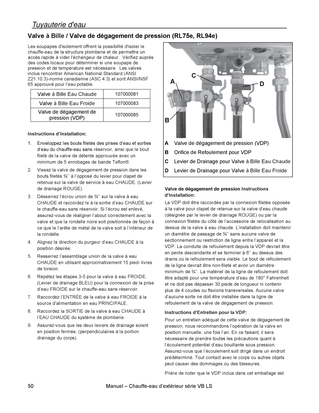 Rinnai RL94E, RL75E installation manual Tuyauterie deau, Valve de dégagement de pression Instructions d’Installation 