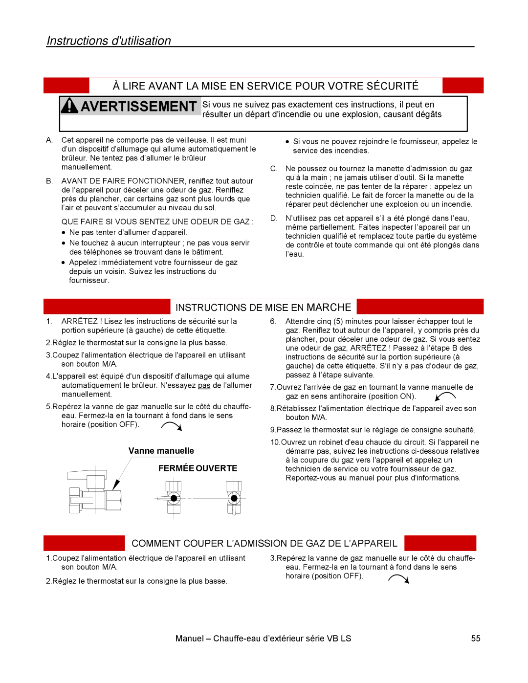 Rinnai RL75E, RL94E installation manual Instructions dutilisation, VanneMa ualmanuelleValve 