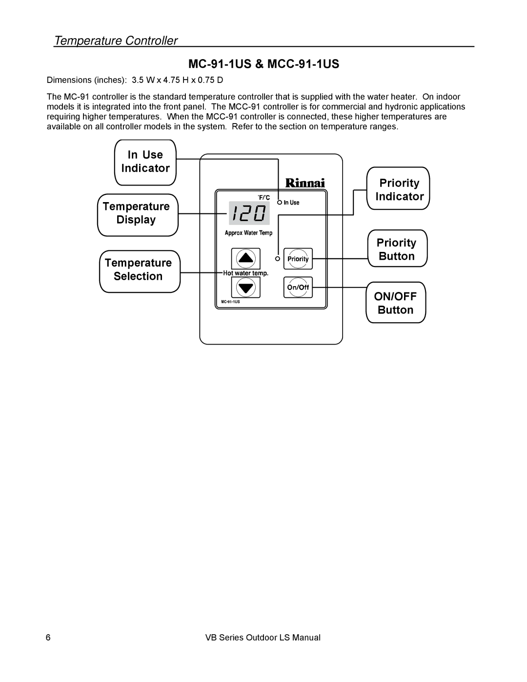 Rinnai RL94E, RL75E installation manual Temperature Controller, MC-91-1US & MCC-91-1US 