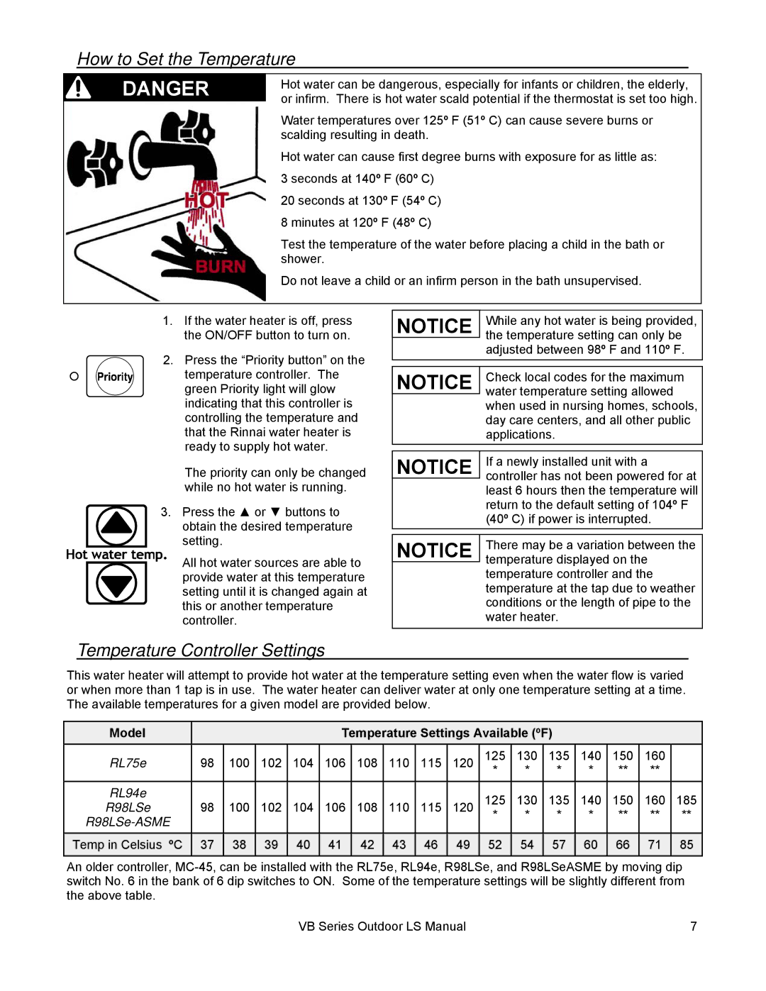 Rinnai RL75E, RL94E installation manual How to Set the Temperature, Temperature Controller Settings 