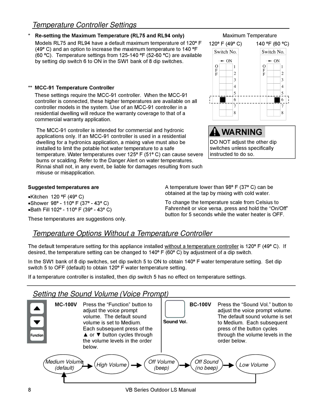 Rinnai RL94E, RL75E Temperature Options Without a Temperature Controller, Setting the Sound Volume Voice Prompt 