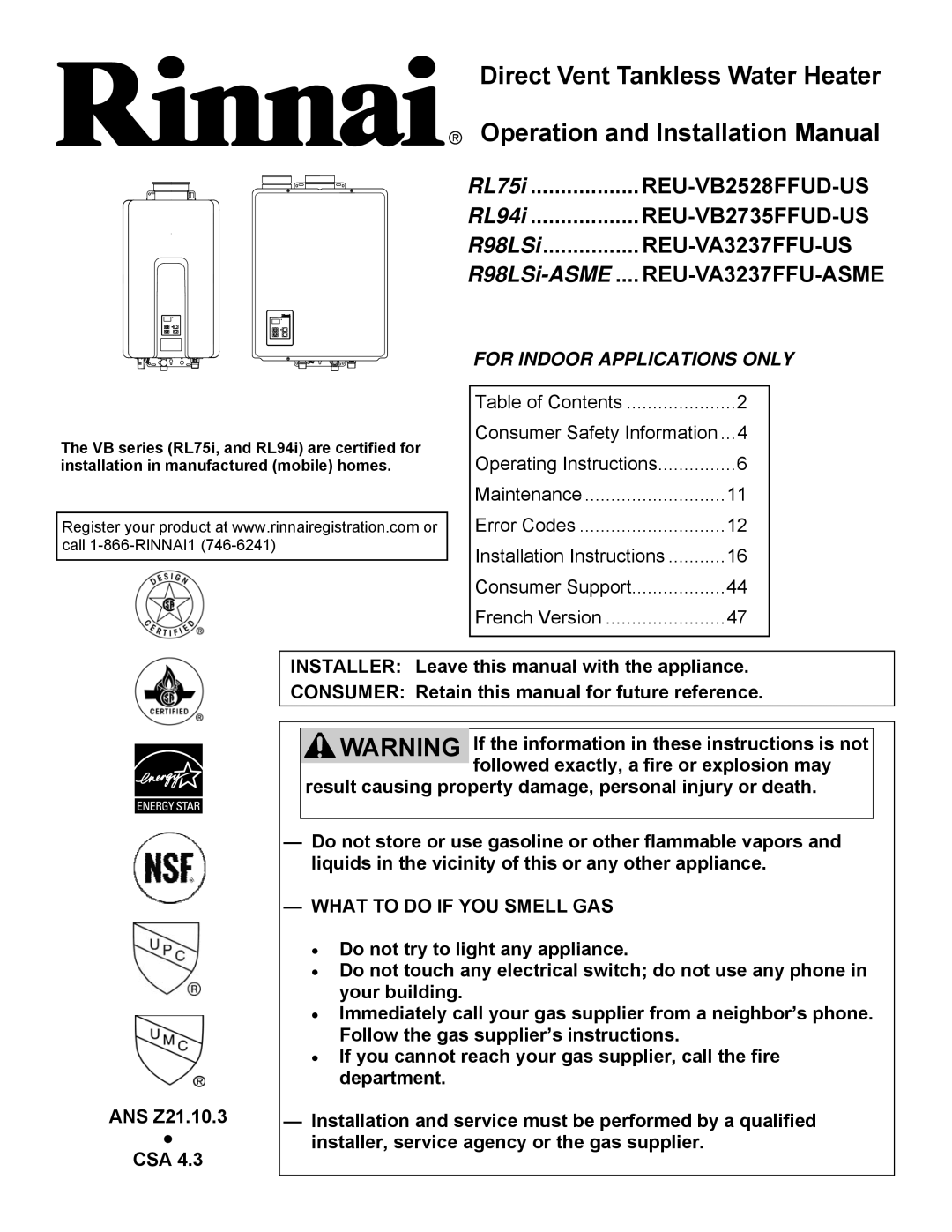 Rinnai RL75I, RL94I installation manual REU-VB2528FFUD-US 