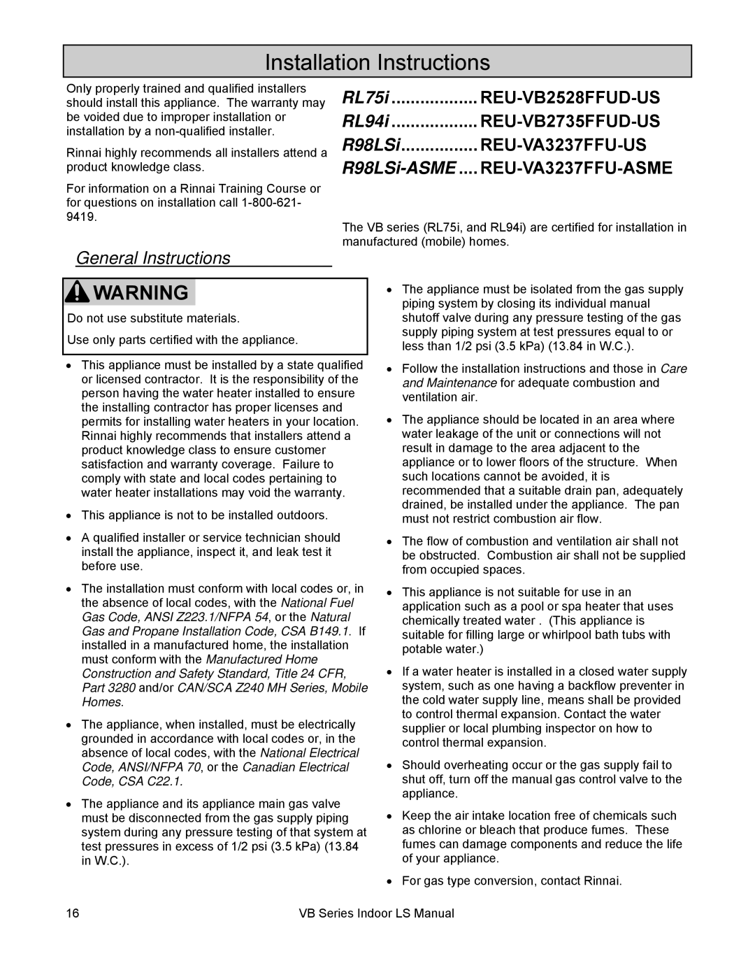 Rinnai RL94I, RL75I installation manual Installation Instructions, General Instructions 