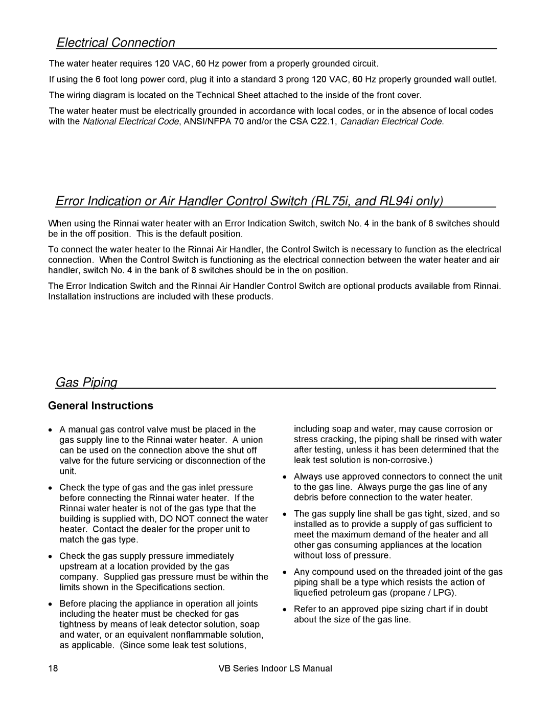 Rinnai RL94I, RL75I installation manual Electrical Connection, Gas Piping, General Instructions 