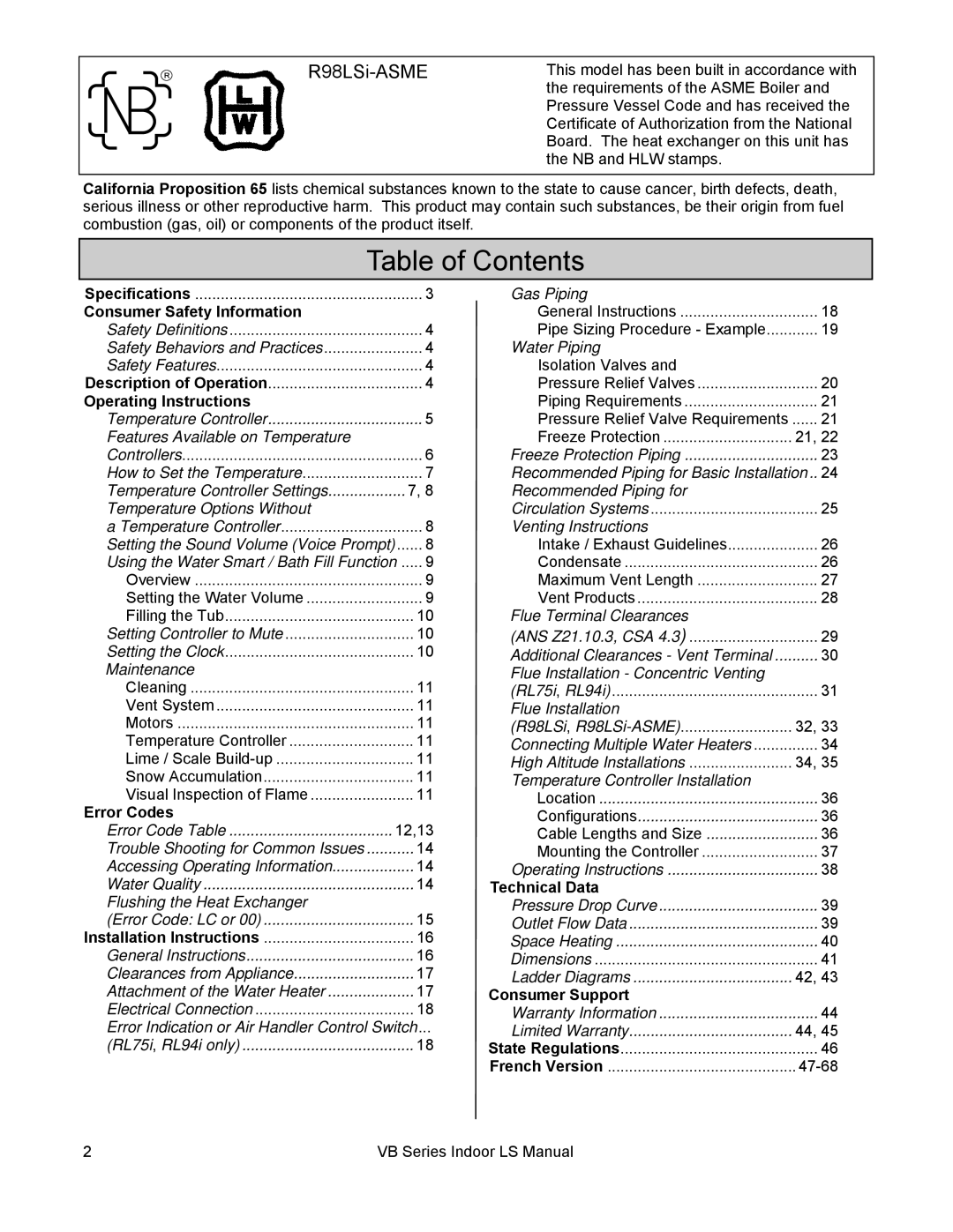 Rinnai RL94I, RL75I installation manual Table of Contents 