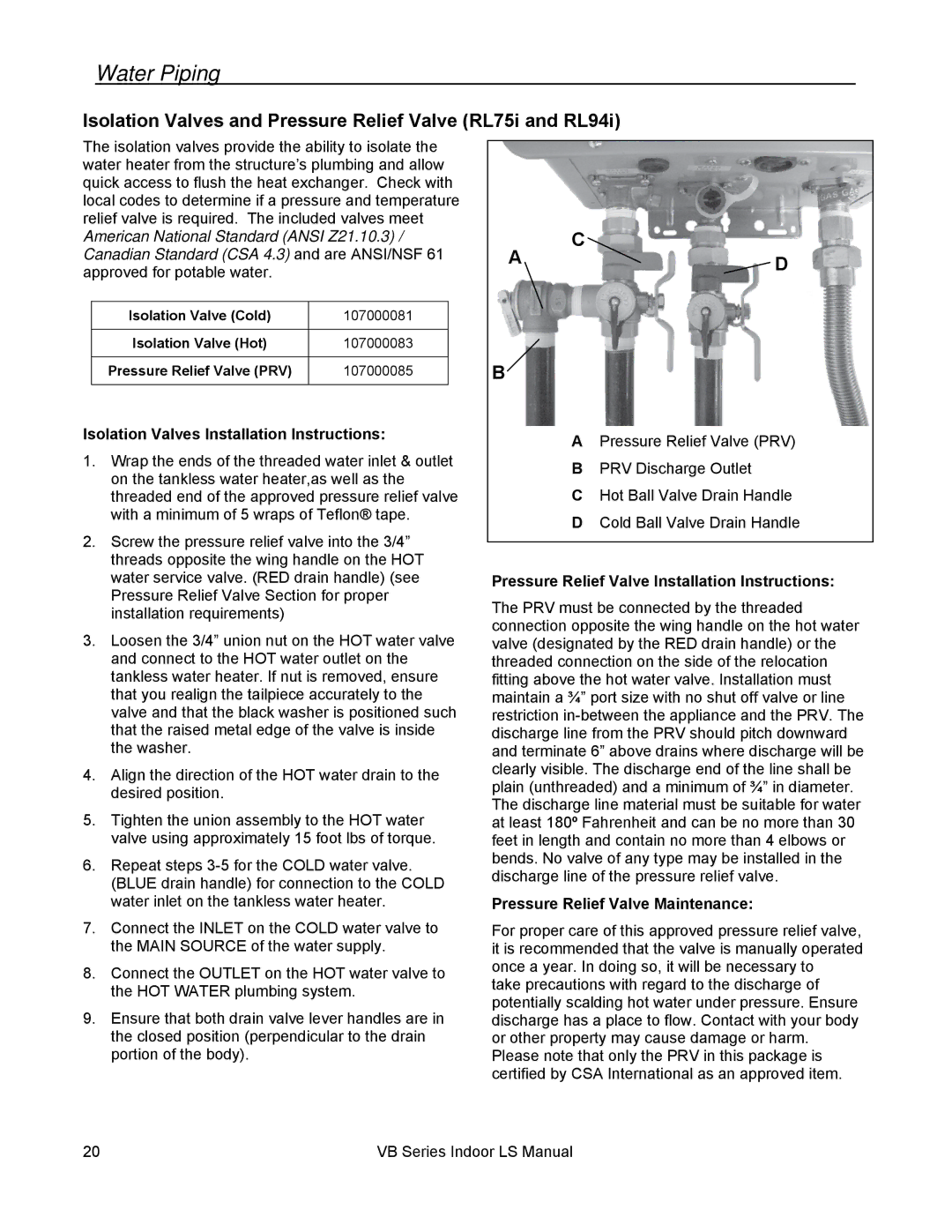 Rinnai RL94I Water Piping, Isolation Valves and Pressure Relief Valve RL75i and RL94i, Pressure Relief Valve Maintenance 