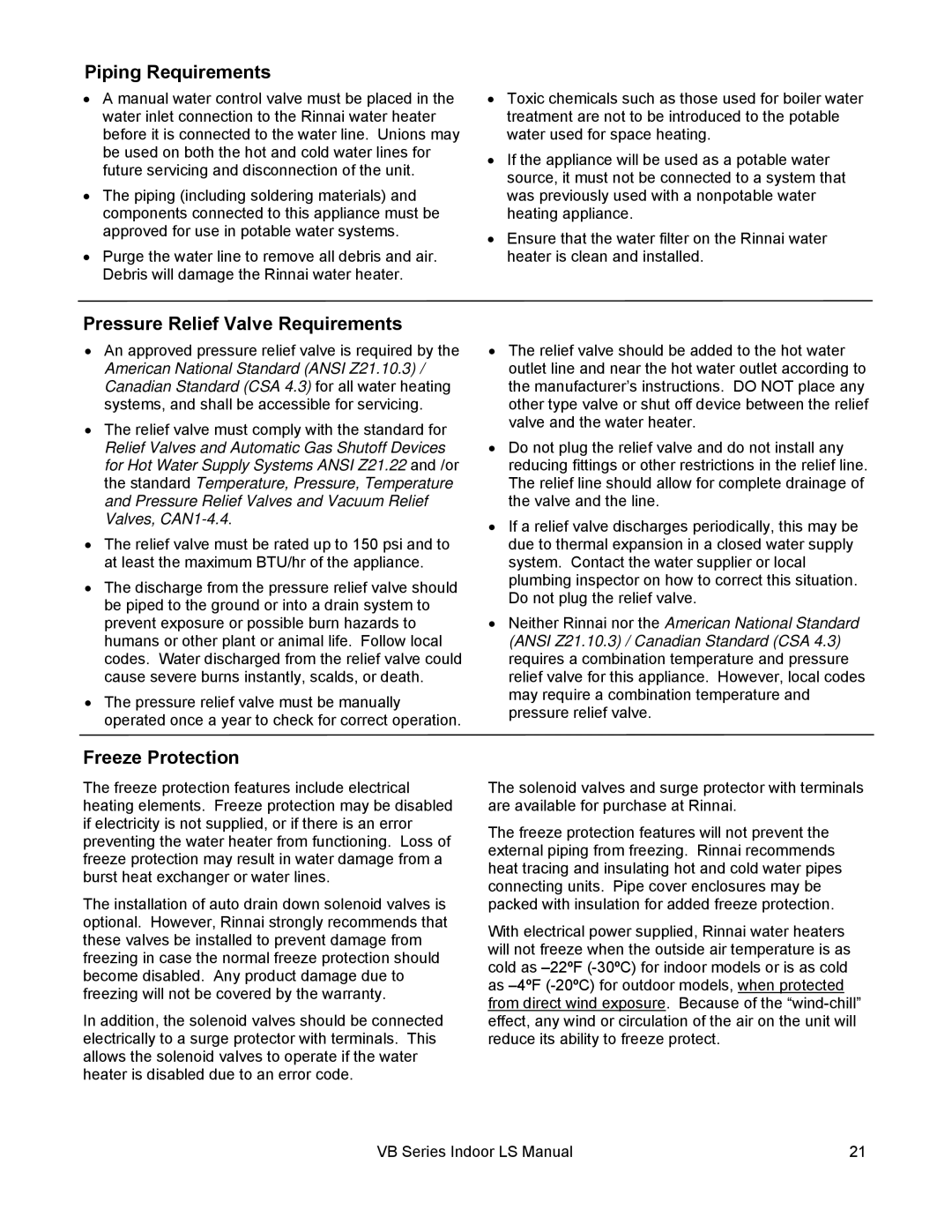 Rinnai RL75I, RL94I installation manual Piping Requirements, Pressure Relief Valve Requirements, Freeze Protection 