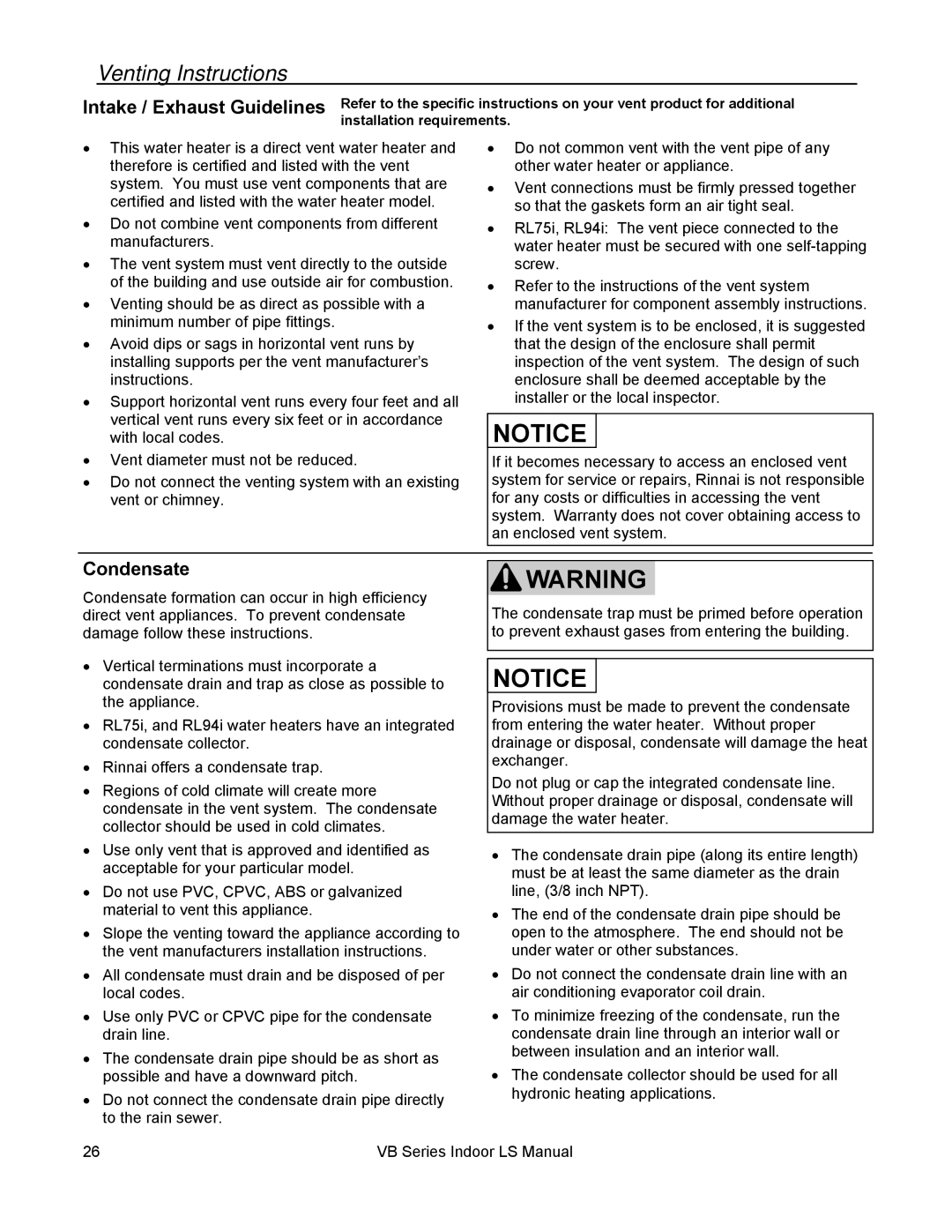 Rinnai RL94I, RL75I installation manual Venting Instructions, Intake / Exhaust Guidelines, Condensate 