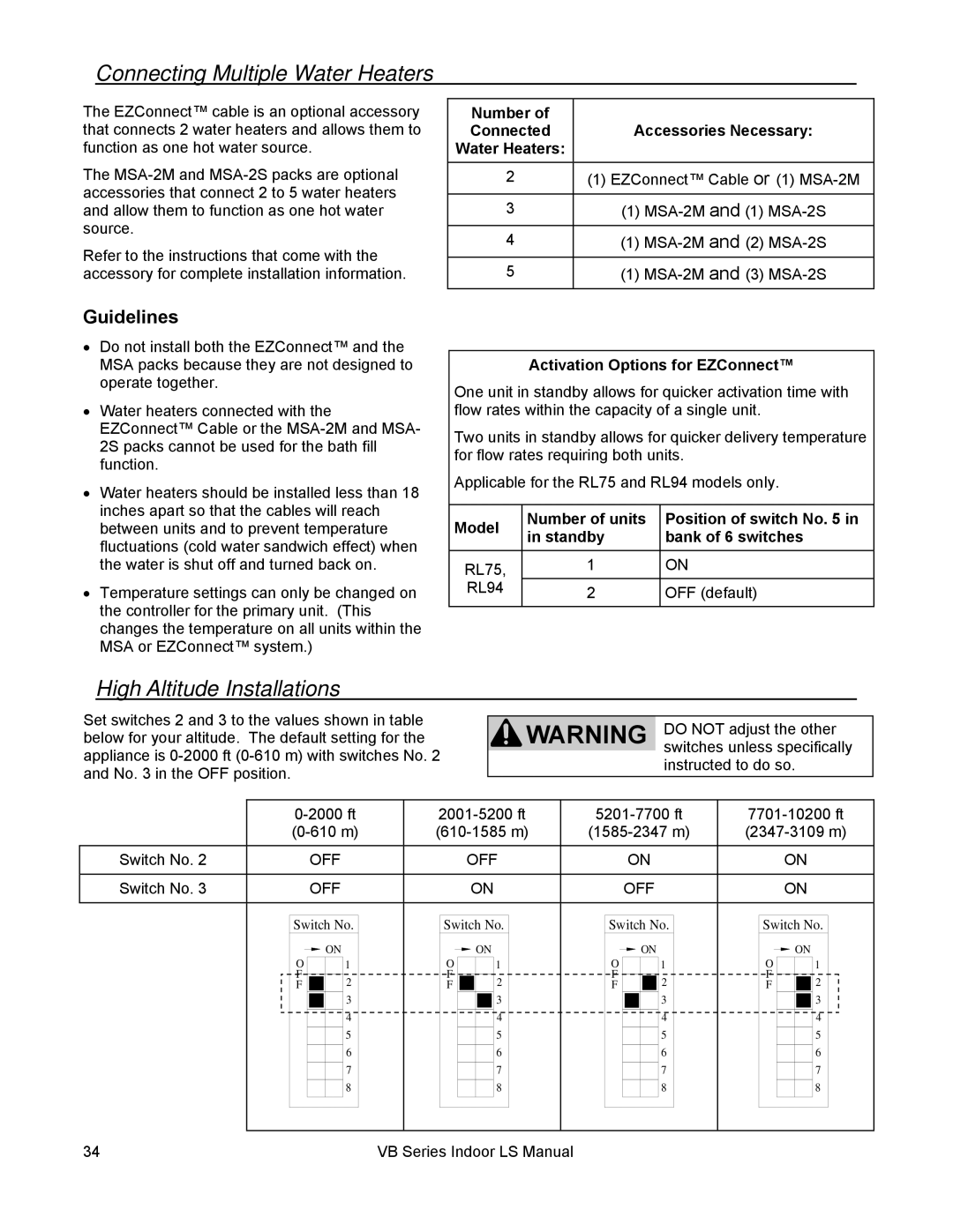 Rinnai RL94I Connecting Multiple Water Heaters, High Altitude Installations, Guidelines, Activation Options for EZConnect 