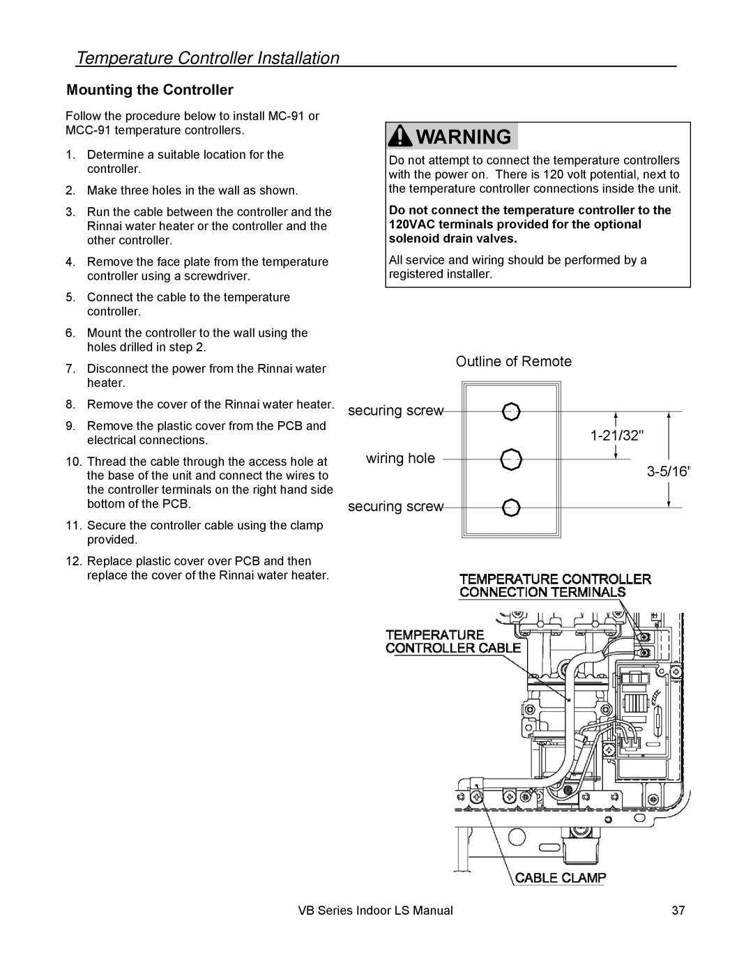 Rinnai RL75I, RL94I installation manual Mounting the Controller, Outline of Remote 