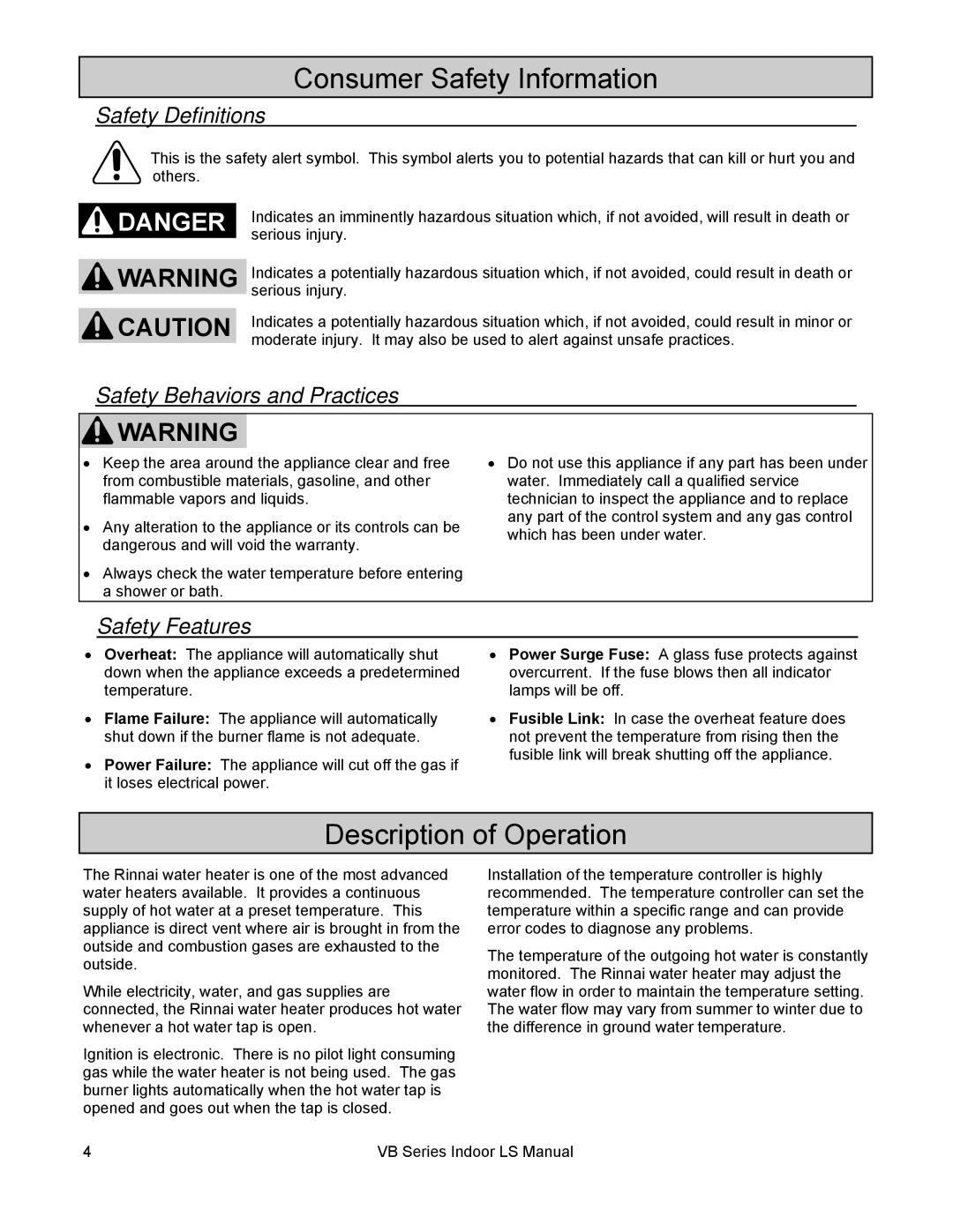 Rinnai RL94I, RL75I installation manual Consumer Safety Information, Description of Operation, Safety Definitions 