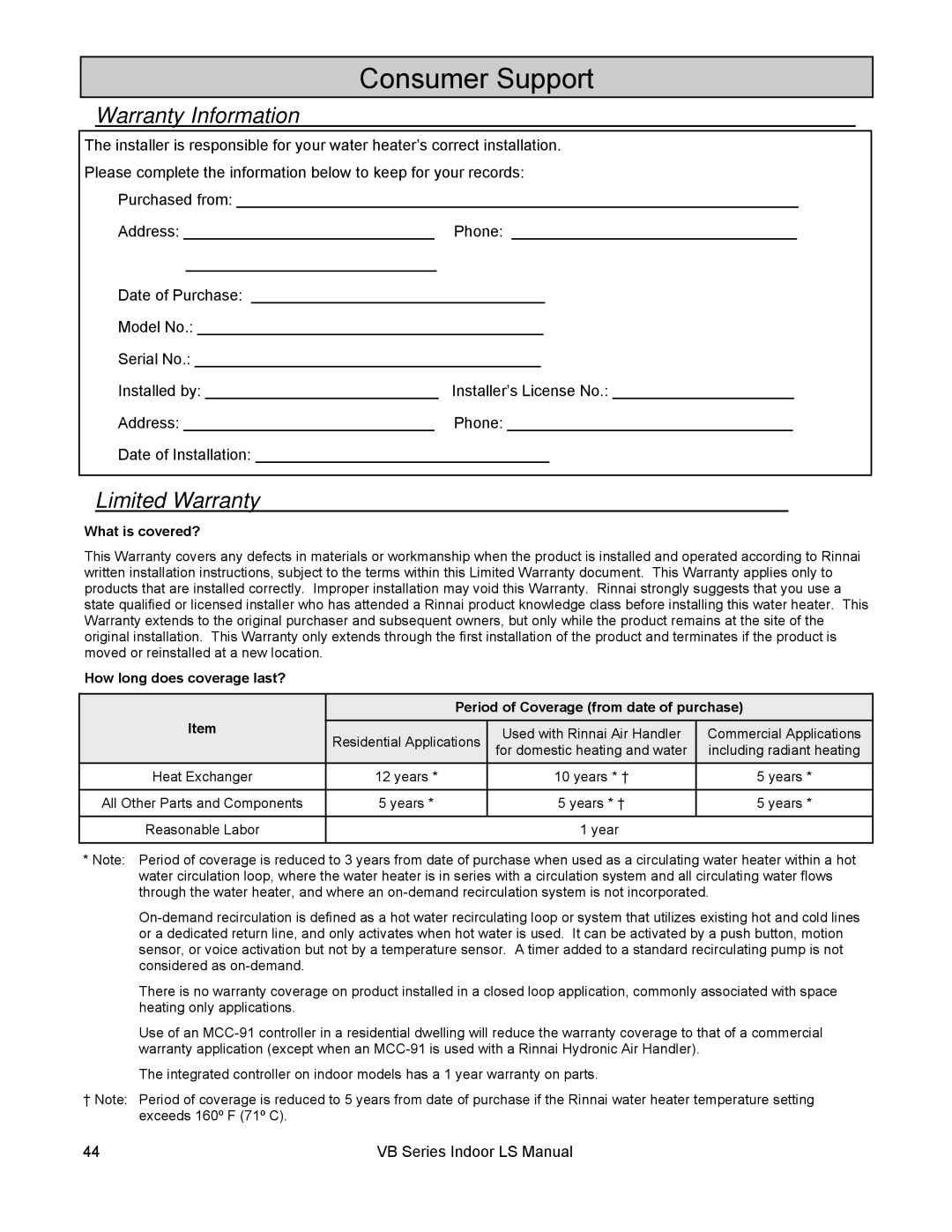 Rinnai RL94I, RL75I installation manual Consumer Support, Warranty Information, Limited Warranty 