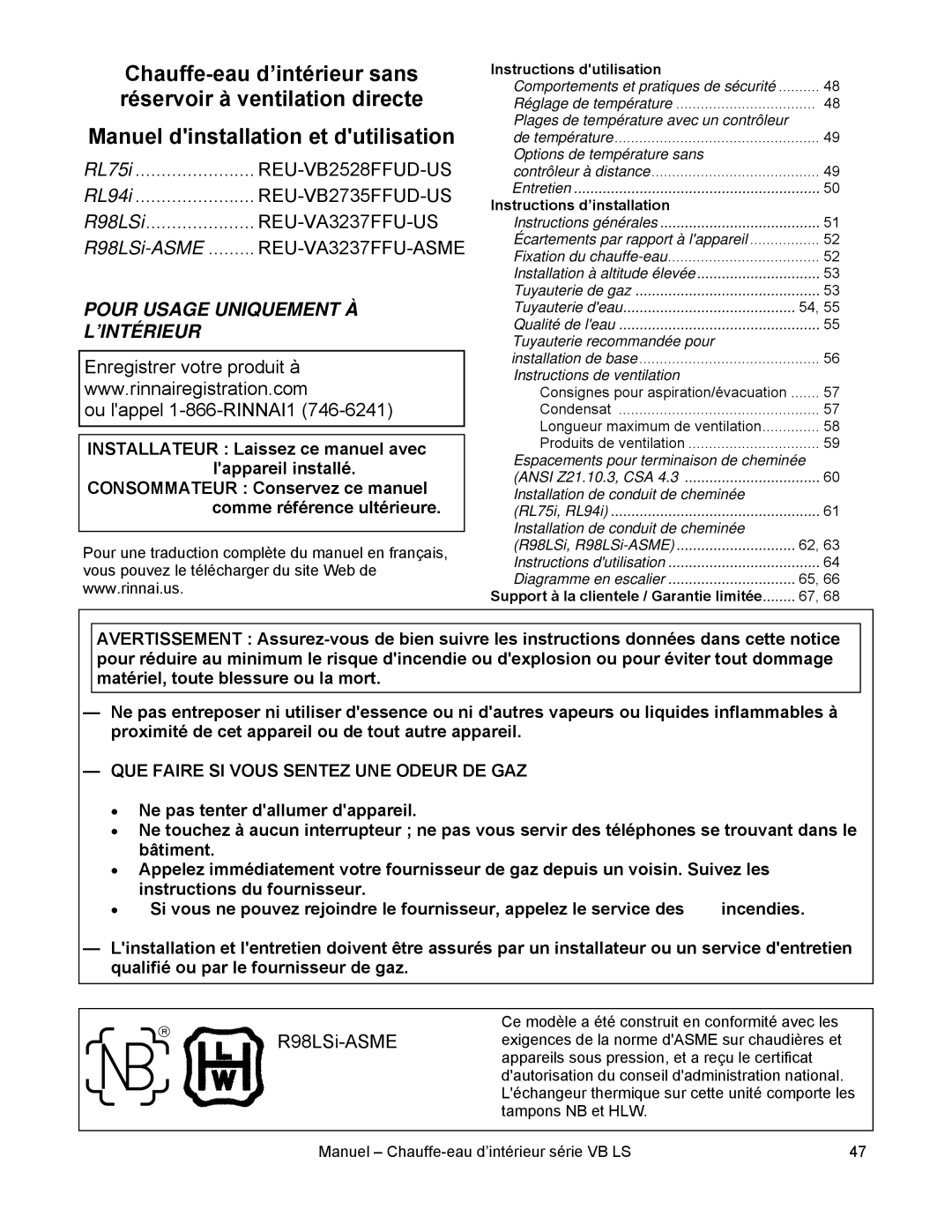 Rinnai RL75I, RL94I installation manual Instructions dutilisation, Instructions d’installation 