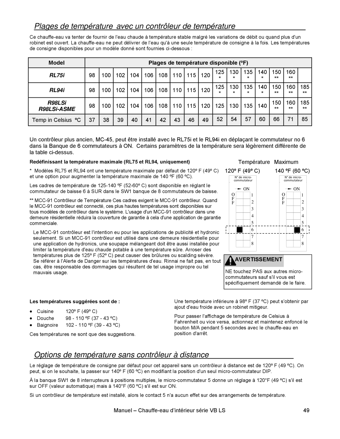 Rinnai RL75I Plages de température avec un contrôleur de température, Options de température sans contrôleur à distance 