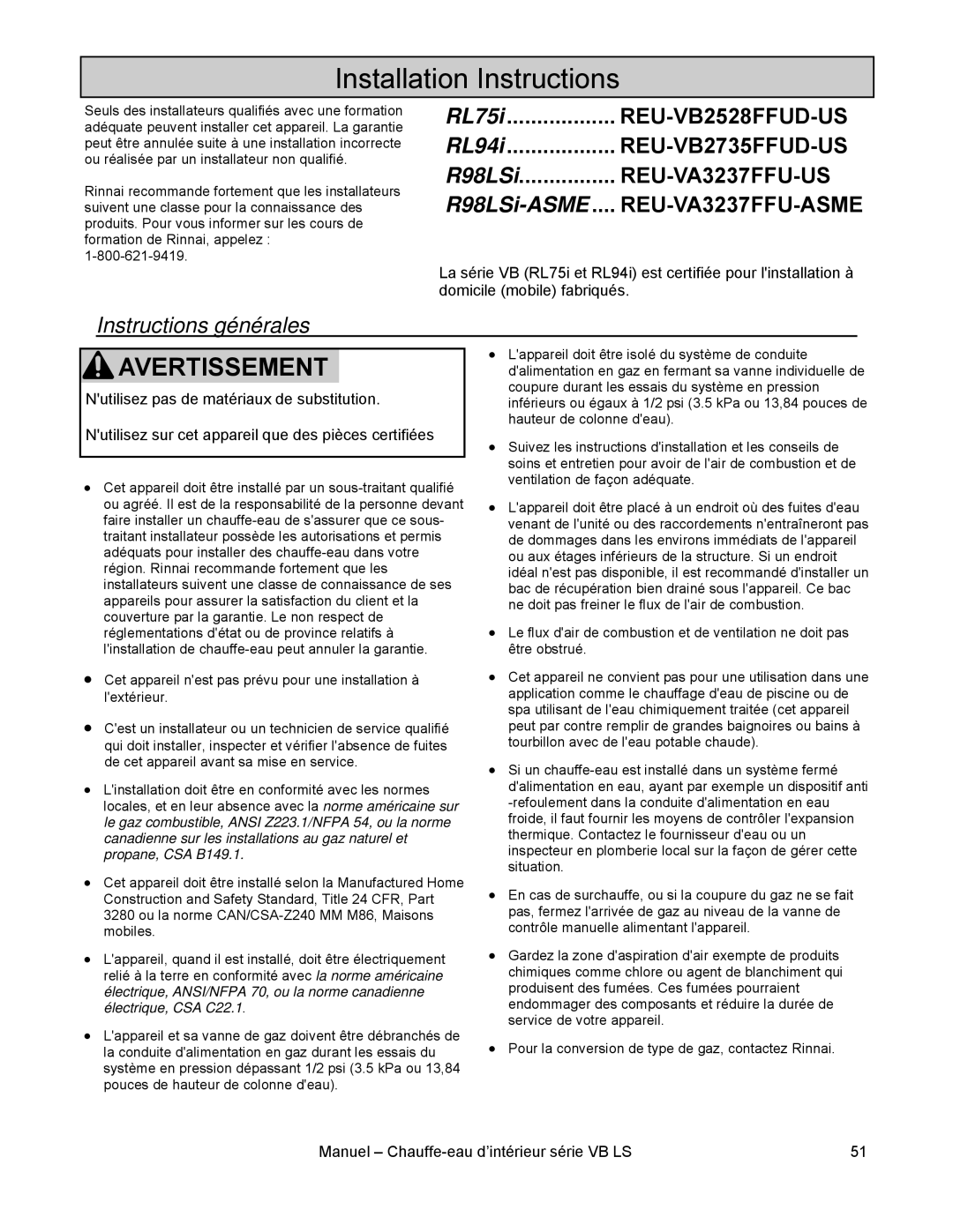 Rinnai RL75I, RL94I installation manual Installation Instructions, Instructions générales 