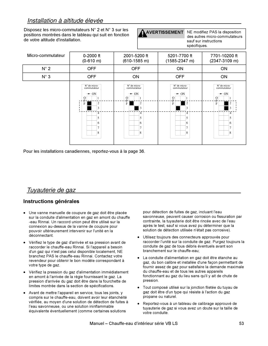 Rinnai RL75I, RL94I installation manual Installation à altitude élevée, Tuyauterie de gaz, Instructions générales 