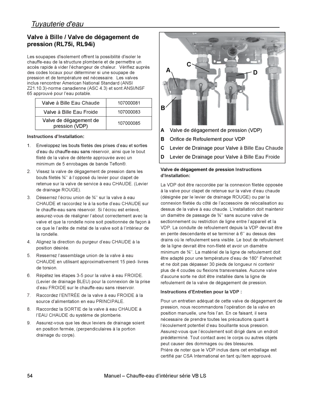 Rinnai RL94I, RL75I installation manual Tuyauterie deau, Valve à Bille / Valve de dégagement de pression RL75i, RL94i 