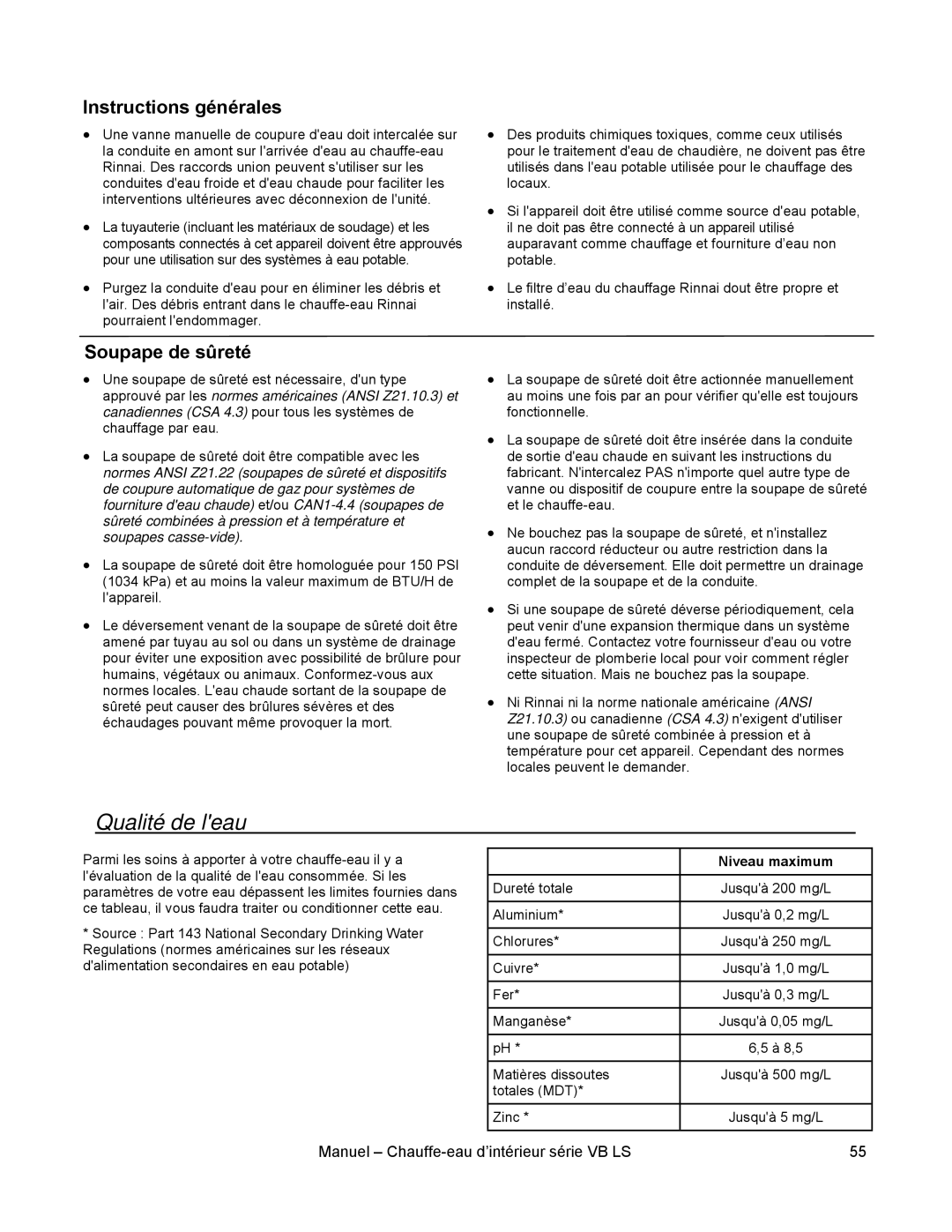 Rinnai RL75I, RL94I installation manual Qualité de leau, Soupape de sûreté 