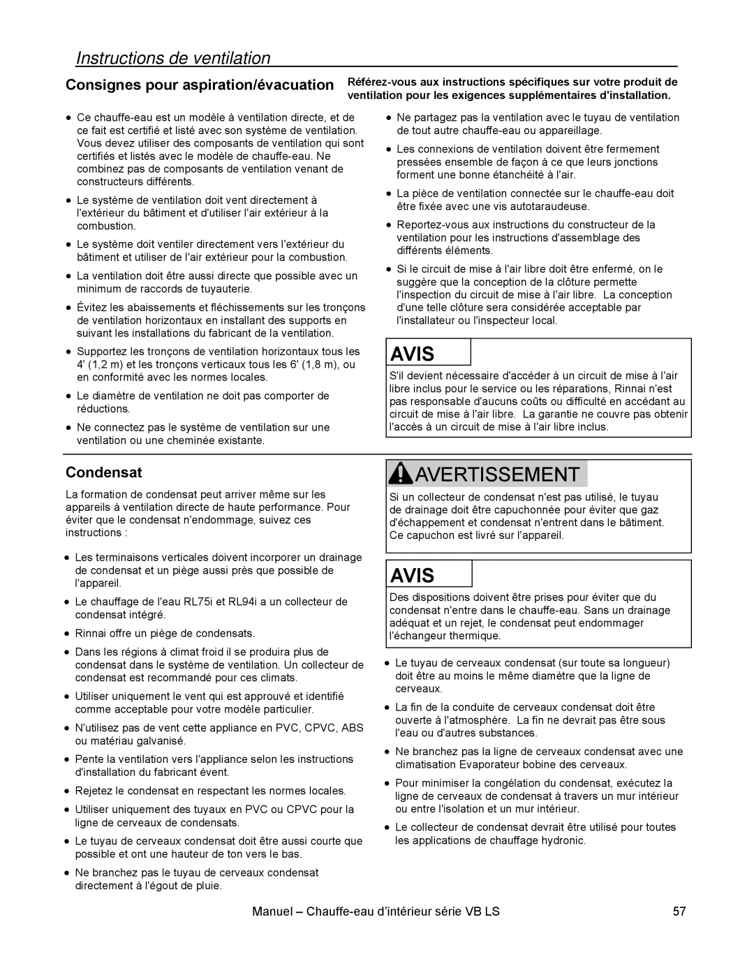 Rinnai RL75I, RL94I installation manual Instructions de ventilation, Consignes pour aspiration/évacuation, Condensat 