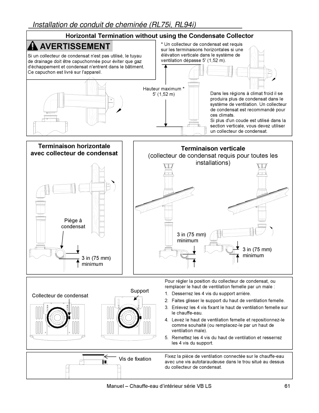 Rinnai RL75I, RL94I installation manual Installation de conduit de cheminée RL75i, RL94i 