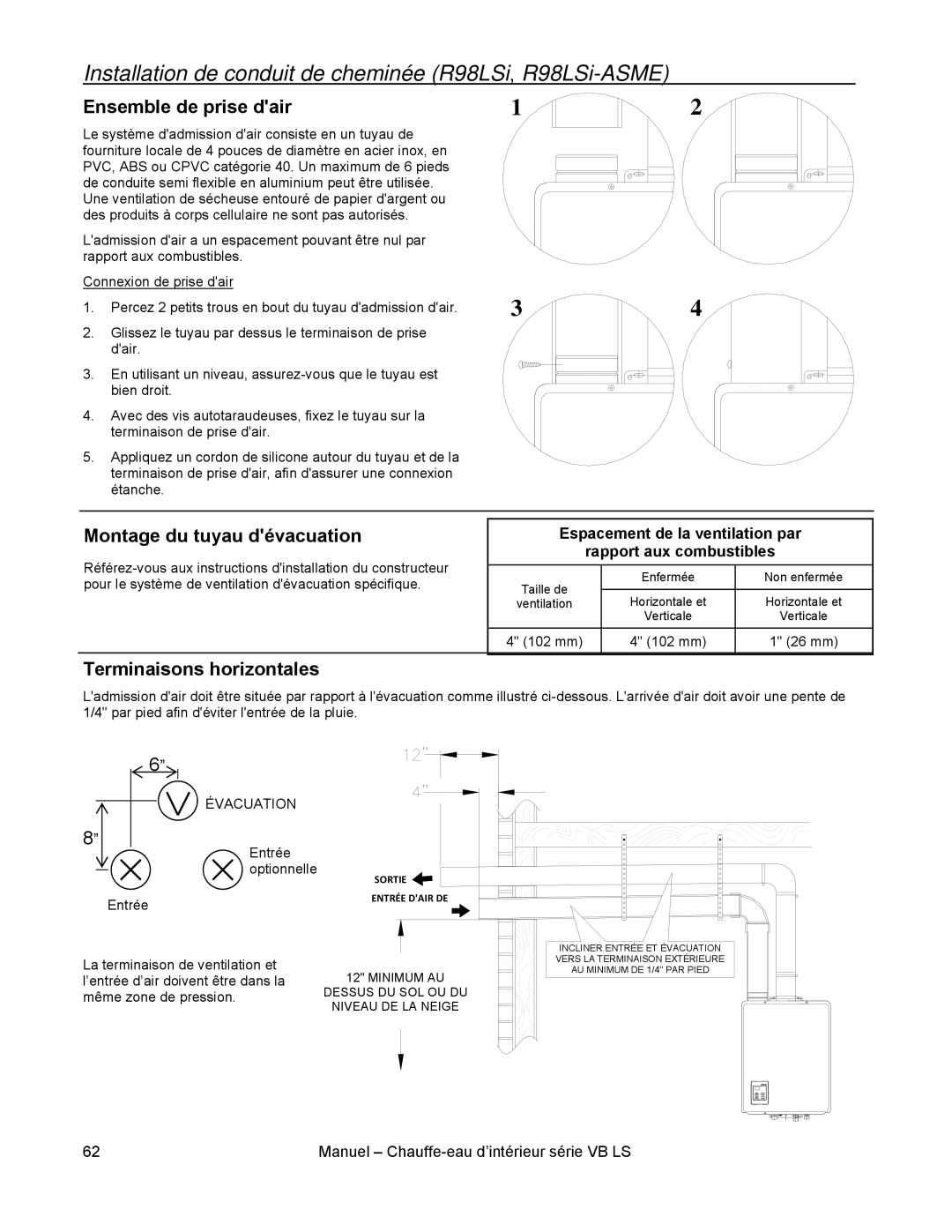 Rinnai RL94I Installation de conduit de cheminée R98LSi, R98LSi-ASME, Ensemble de prise dair, Montage du tuyau dévacuation 