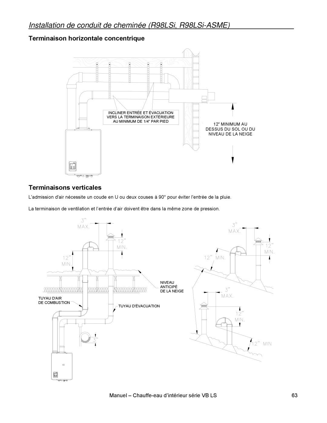 Rinnai RL75I, RL94I installation manual Terminaison horizontale concentrique, Terminaisons verticales 