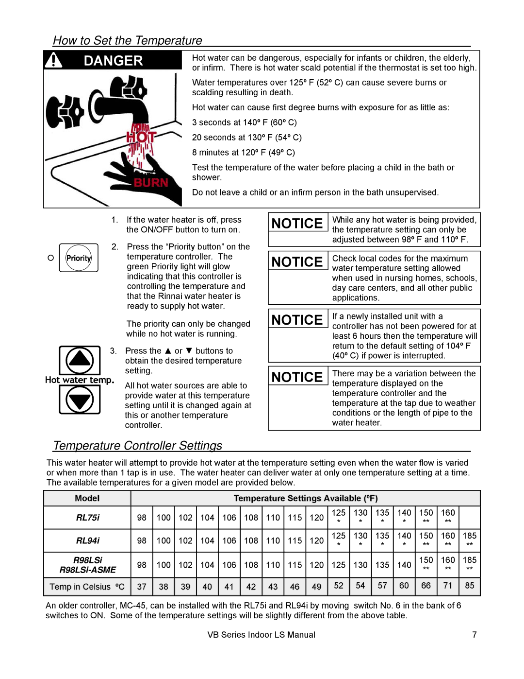 Rinnai RL75I, RL94I How to Set the Temperature, Temperature Controller Settings, Model Temperature Settings Available ºF 